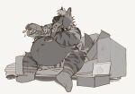 2026 anthro barefoot belly big_belly borizborito clothing dessert doughnut eyes_closed feet food footwear footwear_only furniture greyscale hi_res huge_belly hyena kodali_(werewolfsocks) male mammal monochrome mostly_nude nude on_sofa pastry pizza sitting sitting_on_sofa smile socks socks_only sofa striped_hyena stuffing sub_sandwich weight_gain