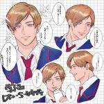  1boy bio0on blonde_hair blue_eyes blue_vest collared_shirt commentary_request grin highres leon_s._kennedy male_focus multiple_views necktie portrait red_necktie resident_evil shirt short_hair smile sparkle translation_request vest white_shirt 