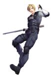  1boy absurdres black_gloves blonde_hair blue_eyes blue_shirt blue_vest chest_belt commentary_request falling fingerless_gloves flashlight full_body furrowed_brow gloves highres holding holding_flashlight holding_rod holster knee_pads leon_s._kennedy long_sleeves male_focus open_mouth police police_uniform resident_evil resident_evil_2 rod shirt short_hair shoulder_pads simple_background solo standing standing_on_one_leg surprised tachiarai_kuri teeth thigh_holster undershirt upper_teeth_only variant_set vest white_background white_shirt 