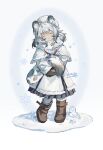  1girl ^_^ aged_down animal_ears arknights bead_necklace beads boots brown_boots brown_mittens child closed_eyes coat commentary_request dated faux_figurine full_body fur-trimmed_boots fur_hat fur_scarf fur_trim grey_streaks happy hat highres holding_own_tail jewelry medium_hair mittens multicolored_hair necklace pantyhose parka pramanix_(arknights) simple_background smile snow snow_leopard_ears snow_leopard_girl snow_leopard_tail snowman solo standing streaked_hair tail white_background white_coat white_hair white_hat white_pantyhose zeriko 