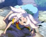  1girl all_fours blue_dress colored_tips commentary_request day dress facial_mark forehead_mark full_body grey_eyes houjuu_chimi long_hair looking_at_viewer moss multicolored_hair open_mouth outdoors plant rock smile solo stream syope touhou white_hair 