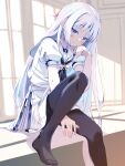  1girl \||/ akayama_yukihe ascot backlighting between_legs black_ascot black_pantyhose blue_eyes blunt_ends blush closed_mouth commentary_request feet foot_out_of_frame frown hair_between_eyes hand_between_own_legs hand_up highres indoors knee_up leaning_forward legs long_hair looking_at_viewer midriff_peek miniskirt naruse_shiroha no_shoes pantyhose puffy_short_sleeves puffy_sleeves sailor_collar school_uniform serafuku shadow shirt short_sleeves sidelocks sitting skirt solo straight_hair summer_pockets summer_pockets_school_uniform toes very_long_hair white_hair white_sailor_collar white_serafuku white_shirt white_skirt 
