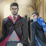  2boys alternate_universe beard black_jacket chris_redfield collared_shirt commentary english_commentary facial_hair grey_vest harry_potter_(series) highres imagine_(imagine7243618) jacket looking_at_another looking_back male_focus multicolored_jacket multiple_boys necktie piers_nivans resident_evil resident_evil_6 scarf shirt short_hair striped_clothes striped_necktie two-tone_jacket vest white_shirt wizarding_world 