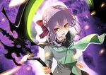  brown_eyes hiiragi_shinoa kero_sweet long_hair open_mouth owari_no_seraph purple_hair ribbon school_uniform scythe smile solo 