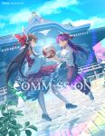  2girls artist_name ascot blue_sky bow brown_hair building chinese_commentary cloud commentary_request commission dated day detached_sleeves dual_persona floating frilled_bow frilled_hair_tubes frills furahata_gen hair_bow hair_tubes hakama hakama_pants hakurei_reimu hakurei_reimu_(pc-98) highres japanese_clothes kimono long_hair long_sleeves multiple_girls nontraditional_miko orb outdoors pants purple_eyes purple_hair red_bow red_eyes red_hakama red_skirt ribbon-trimmed_sleeves ribbon_trim skirt skirt_set sky smile stone_lantern touhou touhou_(pc-98) watermark white_kimono wide_sleeves yellow_ascot yin_yang yin_yang_orb 