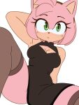  1girl alternate_breast_size_(larger) alternate_costume amy_rose animal_nose arm_behind_head bare_shoulders black_dress blush breasts cleavage commentary dress furry furry_female green_eyes hairband hedgehog_girl highres looking_at_viewer medium_breasts pink_fur raised_eyebrows razhai red_hairband sitting sleeveless sleeveless_dress solo sonic_(series) thighhighs thighs white_background 
