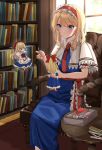  3girls absurdres alice_margatroid alternate_neckwear apron armchair blonde_hair blue_dress blue_eyes book bookshelf bow bowtie capelet chair closed_mouth commentary dinotodon dress floating frilled_apron frilled_hairband frills hair_bow hairband highres long_dress long_hair multiple_girls necktie object_request red_bow red_bowtie red_hair red_necktie red_sash red_shoes sash shanghai_doll shoes short_sleeves sitting smile socks swept_bangs table touhou waist_apron white_apron white_capelet white_socks window 