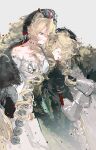  1boy 1girl absurdres animal_ears arknights bare_shoulders bear_boy bear_ears bear_girl black_hat blonde_hair blue_eyes breasts chinese_commentary closed_eyes closed_mouth commentary_request dress drill_hair fur-trimmed_sleeves fur_trim fyodor_vladimirovich_(arknights) glitch grey_background grin hat highres long_hair long_sleeves looking_at_another medium_breasts nastasya_(arknights) parted_lips profile simple_background smile standing tuitangguxuanshou white_dress 