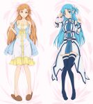  3girls :o anklet asagi501 asuna_(sao) asuna_(sao-alo) bare_shoulders barefoot belt black_belt black_hair blue_cardigan blue_dress blue_eyes blue_hair blue_thighhighs blue_trim braid breasts brown_eyes brown_hair brown_slippers cardigan cleavage closed_mouth commentary covered_collarbone dakimakura_(medium) dress elf fairy full_body grey_eyes half_up_half_down_braid hands_up highres jewelry long_dress long_hair long_sleeves lying medium_breasts medium_dress merchandise_available mini_person minigirl multiple_girls no_shoes official_alternate_costume on_side on_stomach open_cardigan open_clothes parted_bangs parted_lips pink_dress pink_sleeves pink_wings pointy_ears short_dress short_sleeves size_difference sleeveless sleeveless_dress slippers smile split_mouth straight_hair sword_art_online thighhighs two-tone_dress white_dress white_sleeves wings yellow_dress yui_(sao) yui_(sao-alo) zettai_ryouiki 