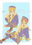  2boys blonde_hair blue-framed_eyewear blue_hair border brown_shorts closed_mouth commentary ensemble_stars! figure_four_sitting glasses green_eyes hat highres isara_mao jacket long_sleeves looking_at_viewer male_focus multicolored_jacket multiple_boys open_mouth red_hair sailor_collar sailor_hat semi-rimless_eyewear short_hair shorts sitting smile squatting two-tone_jacket untranslatable_commentary white_border white_sailor_collar yawayapan yuuki_makoto_(ensemble_stars!) 