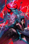  1girl artist_name black_sleeves black_thighhighs blood blood_on_face blue_blood blue_bow blue_bowtie blue_eyes blue_hair bow bowtie bullet_hole collared_shirt commentary_request crack cracked_face crosshair detached_sleeves hatsune_miku headshot highres long_hair looking_at_viewer marshmallow_(vocaloid) open_mouth red_background rnp_02 shirt solo thighhighs twintails vocaloid white_shirt 