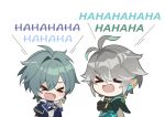  >_< 2boys ahoge alhaitham_(genshin_impact) antenna_hair armor belt black_belt black_gloves black_shirt blue_shirt bunn_(comic_bunn) cape chest_jewel closed_eyes coat collared_shirt earrings gem genshin_impact gloves green_cape green_hair green_sash grey_hair hair_between_eyes headphones jewelry laughing lohen_(genshin_impact) long_sleeves mole mole_under_eye multicolored_eyes multiple_boys open_mouth sash shirt short_hair shoulder_armor single_earring sleeveless sleeveless_shirt tearing_up twitter_username vision_(genshin_impact) white_background 