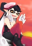  1girl :d aori_(splatoon) blush brown_eyes detached_collar domino_mask earrings eyebrows fangs gloves hand_on_own_cheek hand_on_own_face jewelry long_hair looking_at_viewer mask mole mole_under_eye nigo_(aozoragarou) ok_sign open_mouth pantyhose pointy_ears red_legwear short_jumpsuit sitting smile solo splatoon_(series) splatoon_1 symbol-shaped_pupils tentacle_hair thick_eyebrows unitard white_gloves 