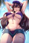  1girl absurdres alternate_costume armpits arms_behind_back arms_up ayra_(fire_emblem) bikini black_hair blue_shorts blue_sky blush bracelet breasts closed_mouth commentary denim english_commentary evomanaphy fire_emblem fire_emblem:_genealogy_of_the_holy_war from_below gold_bracelet heart highres jewelry large_breasts long_hair looking_at_viewer navel outdoors purple_bikini purple_eyes shorts sky smile solo stomach swimsuit thighs underboob visor_cap 
