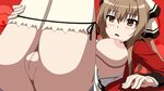  amagi_brilliant_park areolae ass blush breasts brown_hair censored female hair_ribbon highres large_breasts legs legs_up legs_up_closed long_hair looking_down lying mosaic_censoring nipples no_bra no_panties open_clothes open_mouth pussy ribbon sento_isuzu simple_background skirt solo thighs white_legwear yellow_eyes 
