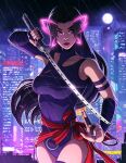  1girl breasts city city_lights cityscape commentary east_asian english_commentary full_moon hand_up highres holding holding_sword holding_weapon large_breasts leotard lipstick long_hair looking_to_the_side makeup marvel marvel_rivals matt_mendoza moon narrow_waist night psylocke purple_eyes purple_hair purple_leotard purple_nails rain red_lips red_sash sash superhero_costume sword very_long_hair waist_sash weapon 