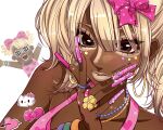  1girl aegyo_sal animal_print artist_name bead_necklace beads blonde_hair bow bracelet brown_eyes cameo commentary_request dark-skinned_female dark_skin earrings eyeshadow flower_ring ganguro gyaru gyaru_makeup hair_bow hand_up heart heart_print hello_kitty hello_kitty_(character) highlighter_(makeup) highres hoop_earrings irasutoya irasutoya_challenge jewelry lips makeup manba_gyaru nail_art nail_ornament nail_polish necklace pink_bow pink_eyeshadow pink_tank_top reference_inset rhinestone ring sanrio semi852 side_ponytail simple_background solo sticker tank_top thick_eyelashes tiger_print very_dark_skin very_long_fingernails white_background white_eyeshadow white_lips yamanba_gyaru_(irasutoya) 