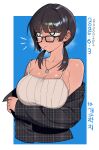  1girl annoyed bare_shoulders black-framed_eyewear black_hair blue_background blush breasts camisole cleavage closed_mouth collarbone commentary_request expressionless glasses highres jacket jacket_on_shoulders jewelry korean_commentary large_breasts low_twintails necklace original pendant plaid_clothes plaid_jacket radon86_nya short_hair solo sweat twintails upper_body white_camisole 