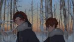 2boys amagi_hiiro amagi_rinne bare_tree blue_eyes blue_headband blue_jacket brothers closed_mouth commentary ensemble_stars! from_side fur-trimmed_jacket fur_trim gradient_sky hair_between_eyes headband highres jacket looking_at_viewer looking_down male_focus multiple_boys noznuc outdoors red_hair short_hair siblings sky snow tree upper_body 