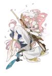  1girl ambience_synesthesia arknights bare_shoulders chinese_commentary commentary_request commission disembodied_hand dress facial_mark floating_hair flower full_body gold_trim gun halo high_heels highres holding holding_gun holding_weapon knees_up lemuen_(arknights) lemuen_(requiem_vesperis)_(arknights) long_dress long_hair looking_at_viewer mark_under_eye official_alternate_costume one_eye_covered pearl_choker petals pink_eyes pink_hair qingshui_jin rifle shoes solo star_pendant teardrop_facial_mark traditional_halo veil weapon white_background white_dress white_flower white_shoes white_veil 