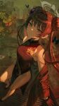  1girl absurdres bare_legs bare_shoulders bench black_hair black_shoes blue_archive blue_butterfly blue_eyes bug building butterfly chinese_clothes cityscape commentary_request double_bun dragon dress eastern_dragon hair_bun halo hammi high_heels highres jacket kisaki_(blue_archive) ladder lantern light_blush looking_at_viewer off-shoulder_jacket off_shoulder paper_lantern shoes skyscraper sleeveless sleeveless_dress solo stairs suit_jacket thighs twintails wanted_poster 