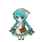  1girl apron aqua_eyes basket black_bow black_outline blush bow braid brown_headscarf brown_shoes chibi chibi_only closed_mouth dress frown full_body game_asset green_dress grey_apron hair_between_eyes hair_bow hand_on_own_chest hatsune_miku hatsune_miku_graphy_collection headscarf holding holding_basket juliet_sleeves long_hair long_sleeves looking_at_viewer low_twin_braids outline patchwork_clothes puffy_sleeves raised_inner_eyebrows sad shoes socks solo standing transparent_background twin_braids very_long_hair vocaloid white_socks 