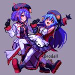  2girls alternate_costume beret black_gloves black_hat black_shoes black_skirt brodall_pixel closed_mouth commentary_request dress fang full_body gloves grey_background hat highres hinanawi_tenshi holding holding_microphone idol long_sleeves looking_at_viewer microphone multiple_girls nagae_iku open_mouth outstretched_arm peach_hat_ornament pixel_art red_eyes shoes signature simple_background skin_fang skirt smile thighhighs touhou vest white_dress white_thighhighs white_vest 