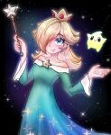  1girl 1other aiyudol bare_shoulders black_eyes blonde_hair blue_dress blue_eyes brooch collarbone commentary dress gem gradient_clothes gradient_dress highres holding holding_wand jeweled_crown jewelry long_dress long_hair looking_at_viewer luma_(mario) mario_(series) no_earrings red_gem rosalina shrugging smile star_(sky) star_brooch star_wand starry_sky_background super_mario_galaxy untranslatable_commentary wand white_trim yellow_gem 