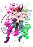  2girls :d aori_(splatoon) black_hair breasts cleavage cousins detached_collar domino_mask dress earrings fangs food food_on_head green_legwear hair_rings hotaru_(splatoon) jewelry long_hair mask mole mole_under_eye multiple_girls nanaharu_(0420) object_on_head open_mouth pantyhose pointy_ears purple_legwear short_hair short_jumpsuit small_breasts smile splatoon_(series) splatoon_1 strapless strapless_dress sushi symbol-shaped_pupils tentacle_hair unitard white_hair yellow_eyes 