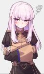  1girl annoyed blush closed_mouth commentary_request crossed_arms dokon fire_emblem fire_emblem:_three_houses garreg_mach_monastery_uniform grey_background highres long_hair long_sleeves looking_at_viewer lysithea_von_ordelia pink_eyes simple_background sleeves_past_wrists solo squiggle sweatdrop white_hair 