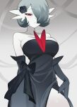  1girl absurdres alternate_color black_bow black_dress black_flower black_gloves black_hair black_rose bow breasts chunniwa closed_mouth clothed_pokemon collarbone colored_skin commentary cowboy_shot dress dress_bow elbow_gloves english_commentary flower gardevoir gloves gradient_hair grey_background grey_hair hair_flower hair_ornament hair_over_one_eye half-closed_eyes hand_on_own_thigh highres large_breasts looking_at_viewer mega_pokemon multicolored_hair one_eye_covered pokemon pokemon_(creature) red_eyes rose shiny_pokemon side_slit solo thighs white_background white_skin 