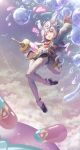  1girl absurdres aqby69 bird blue_hair blue_shirt boots bow bowtie bubble cloud cloudy_sky commentary english_commentary flying genshin_impact gun happy hat heart high_heel_boots high_heels highres holding holding_gun holding_weapon looking_at_viewer medium_hair nurse_cap open_mouth pill pink_eyes shirt sigewinne_(genshin_impact) sky syringe thighhighs weapon 
