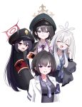  4girls armband black_coat black_eyes black_hair black_hat black_horns black_necktie blue_archive blue_necktie blue_shirt blue_skirt breasts bright_pupils brown_halo camera chiaki_(blue_archive) closed_eyes coat coat_on_shoulders collared_shirt commentary_request cropped_torso curved_horns demon_girl demon_horns diagonal-striped_clothes diagonal-striped_necktie digital_camera dress_shirt facing_viewer finger_to_face floral_print_shirt green_coat green_hat grey_hair grey_halo grey_jacket grey_vest halo hat hawaiian_shirt highres hiromi_(blue_archive) holding holding_camera horns jacket konoka_(blue_archive) long_hair looking_at_viewer loose_necktie mask mask_pull medium_breasts mole mole_on_neck mouth_mask multiple_girls necktie open_collar open_mouth parted_lips peaked_cap pleated_skirt purple_armband purple_eyes purple_hair purple_halo purple_shirt racoon5 red_armband red_eyes red_halo shirt shirt_partially_tucked_in short_braid short_hair simple_background skirt smile striped_clothes striped_necktie subaru_(blue_archive) surgical_mask vest white_background white_jacket white_mask white_pupils white_shirt 