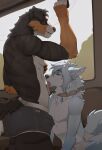 absurd_res animal_genitalia animal_penis anouk_blamore anthro bernese_mountain_dog blue_body blue_eyes blue_fur bottomwear butt canid canine canine_genitalia canine_penis canis clothed clothing collar domestic_dog duo erection fox fur genitals hair hi_res kazarart knot licking male male/male mammal molosser mountain_dog nude open_mouth pants penis simple_background smile swiss_mountain_dog tail tarnb tongue white_body white_fur