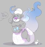 2026 3_toes 4_fingers absurd_res ambiguous_gender anthro big_diaper big_tail blue_body blue_fur blue_nose blue_tail blush blush_lines bodily_fluids breasts bubblepuppers dialogue dialogue_in_description diaper diaper_puff dipstick_ears drooling ear_markings ear_piercing english_text eyewear featureless_breasts feces feet fingers full-length_portrait fur generation_8_pokemon glasses gloves_(marking) gradient_fur gradient_tail grey_background hi_res hisuian_form hisuian_zorua holding_eyewear holding_glasses holding_object leg_markings markings multicolored_body multicolored_ears multicolored_fur multicolored_tail nintendo nodding object_in_mouth on_one_leg one_eye_closed pacifier pacifier_in_mouth piercing pink_pacifier pokemon pokemon_(species) polaris_(saiph78) portrait regional_form_(pokemon) round_glasses rubbing_eye saliva shiny_pokemon simple_background slightly_chubby socks_(marking) soiled_diaper solo speech_bubble spot_color standing tail text three-quarter_view tired toes unclean_diaper used_diaper white_body white_eyewear white_fur white_glasses white_tail