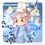  1girl animal_ears beads blue_hanfu blue_sky border bow-shaped_hair brown_hair chibi chinese_clothes chinese_commentary circlet commentary_request crescent crescent_hair_ornament double_bun expressionless extra_ears eyes_visible_through_hair faint_moon_dew_(shining_nikki) flower hair_beads hair_bun hair_ornament hanfu light_blush long_hair long_sleeves moon_phases night nikki_(series) no_mouth outdoors outside_border own_hands_together parted_bangs petals pom_pom_(clothes) pom_pom_hair_ornament rabbit rabbit_ears rabbit_hair_ornament red_eyes rose rose_petals shi_sheide_lanlan_zai_a shining_nikki sidelocks sky sleeves_past_wrists smoke solo standing tareme watermark weibo_watermark white_border wide_sleeves 