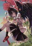 1girl belt bird_wings black_belt black_hair black_skirt black_socks black_wings closed_mouth commentary_request dinotodon floating frilled_skirt frills geta grass hands_on_own_leg hat highres pom_pom_(clothes) red_eyes shameimaru_aya shirt short_hair skirt smile socks solo tengu-geta tokin_hat touhou tree white_shirt wings 
