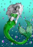2025 absurd_res anthro aquatic bare_shoulders blue_background bra breasts bubble canid canine canis cleavage clothed clothing female fur green_body green_bra green_clothing green_eyes green_scales green_tail green_underwear grey_body grey_fur hair hand_on_hip hi_res mammal melody_boat merfolk navel nyra_(rikuthemermage) open_mouth open_smile scales seashell_bra simple_background small_waist smile solo split_form strapless_bra strapless_clothing strapless_underwear tail teeth underwater underwear water white_hair wide_hips wolf