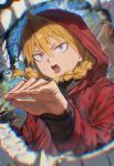  1girl absurdres blonde_hair braid chromatic_aberration commentary_request floating_hair gabriel_(yomi_no_tsugai) gabu_(yomi_no_tsugai) hair_between_eyes hand_up highres hood hood_up hoodie kouchanthree long_sleeves looking_at_viewer low_twin_braids open_mouth outstretched_arm purple_eyes red_hoodie solo twin_braids upper_body yomi_no_tsugai 