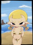  1girl absurdres aryll beach black_border black_eyes blonde_hair blue_sky border colored_eyebrows cowboy_shot day english_commentary flat_chest hashi highres navel ocean outdoors pointy_ears rock short_twintails sky solo tearing_up the_legend_of_zelda the_legend_of_zelda:_the_wind_waker twintails waretakai water yurie_mouth 