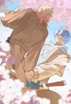  2boys antenna_hair black_choker blonde_hair blue_eyes blue_hoodie blue_sky brown_coat charm2222sul cherry_blossoms choker coat commentary_request falling_petals gradient_hair highres holding_hands honkai:_star_rail honkai_(series) hood hoodie korean_commentary male_focus medium_hair multicolored_hair multiple_boys mydei_(honkai:_star_rail) open_clothes open_coat parted_bangs petals phainon_(honkai:_star_rail) red_hair short_hair sky white_hair yaoi 