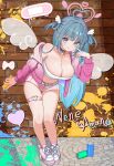  1girl :q absurdres amano_nene_(vtuber) animal_ear_headphones animal_ears belt black_choker blue_eyes blue_hair breasts brick_wall bright_pupils cat_ear_headphones cat_ears character_name choker cleavage commentary fake_animal_ears fishnet_pantyhose fishnets futoshi_95 graffiti hair_ornament halo headphones heart heart-shaped_pupils heart_halo heart_o-ring highres holding holding_spray_can indie_virtual_youtuber jacket large_breasts leaning_forward long_hair long_sleeves mole mole_on_breast mole_under_eye navel o-ring o-ring_choker o-ring_thigh_strap open_clothes open_jacket pantyhose pink_jacket second-party_source shoes solo spray_can stomach symbol-shaped_pupils thigh_strap tongue tongue_out virtual_youtuber white_belt white_pupils wing_hair_ornament 