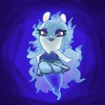1:1 2022 anthro bangs bent_arm blue_background blue_clothing blue_dress blue_hair blue_line_art cel_shading charisuke clothed clothed_anthro clothed_female clothing colored colored_line_art crossover digital_drawing_(artwork) digital_media_(artwork) dress eyelashes fangs female female_anthro flat_chested full-length_portrait ghost hair hi_res hybrid japanese_description lagomorph legless long_ears long_hair mammal mario_bros mario_plus_rabbids_sparks_of_hope midnite_(mario_plus_rabbids) mitten_hands multicolored_hair nintendo noseless open_mouth open_smile portrait purple_eyelids purple_eyes purple_hair rabbid raving_rabbids rayman_(series) red_tongue shaded simple_background smile solo spirit straight_arm tan_inner_ear teeth tongue translucent translucent_body ubisoft wavy_hair