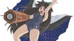  1girl arm_cannon black_wings blue_one-piece_swimsuit blush bow breasts brown_eyes brown_hair cape commentary_request control_rod_(touhou) covered_navel green_bow hair_bow large_breasts long_hair old_school_swimsuit one-piece_swimsuit open_mouth reiuji_utsuho school_swimsuit solo starry_sky_print swimsuit thighs touhou transparent_background two-sided_cape two-sided_fabric weapon white_cape wings winn 