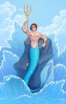 2025 abs aquatic armlet biceps blue_body blue_eyes blue_scales blue_tail bracelet brown_hair clothed clothing cloud day full-length_portrait glistening glistening_body glistening_scales glistening_tail hair hi_res holding_melee_weapon holding_object holding_polearm holding_trident holding_weapon humanoid_merfolk jewelry light_body light_skin looking_at_viewer m00nl1ghtt male melee_weapon merfolk mermaid_tail muscular muscular_male nipples on_rock outside pecs polearm portrait pose riku_(rikuthemermage) rock scales sea short_hair sky solo split_form tail topless topless_male trident water wave weapon