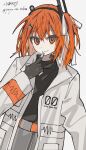  1girl a.i._voice adachi_rei closed_mouth commentary_request finger_to_mouth gloves highres jacket long_sleeves looking_at_viewer medium_hair open_clothes open_jacket orange_eyes orange_hair smile solo upper_body utau white_jacket yuyu_no_suke 