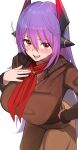  1girl absurdres alternate_costume android blush bomber_jacket breasts brown_jacket commission commissioner_upload hand_on_own_chest highres jacket kateiyou_robot_eisen large_breasts long_hair long_sleeves looking_at_viewer neckerchief non-web_source oruru63100814 poppi_(xenoblade) poppi_qtpi_(xenoblade) purple_hair red_neckerchief skeb_commission smile solo teeth upper_teeth_only very_long_hair white_background xenoblade_chronicles_(series) xenoblade_chronicles_2 yellow_eyes 