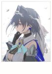  1girl absurdres black_gloves black_hair blue_cape blue_eyes blue_gem breasts cape chain chain_headband gem gloves hair_intakes hand_on_own_chin heart-shaped_gem highres hololive hololive_english hunk_404 large_breasts ouro_kronii ouro_kronii_(1st_costume) shirt solo veil virtual_youtuber white_shirt white_veil 