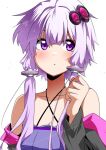  1girl bare_shoulders black_jacket breasts commentary_request dress hair_ornament jacket looking_to_the_side open_mouth purple_dress purple_eyes purple_hair short_hair_with_long_locks simple_background small_breasts vocaloid voiceroid white_background yuubi yuzuki_yukari 