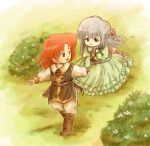  1boy 1girl aged_down alternate_costume aqua_dress beads black_tunic boots brother_and_sister brown_boots child dress fire_emblem fire_emblem:_genealogy_of_the_holy_war flower grey_hair hair_beads hair_ornament holding holding_flower holding_hands julia_(fire_emblem) juliet_sleeves julius_(fire_emblem) long_hair long_sleeves looking_at_another looking_back lowres open_mouth outdoors pants puffy_sleeves red-50869 red_eyes red_hair short_hair siblings smile tunic twins walking white_pants white_sleeves 